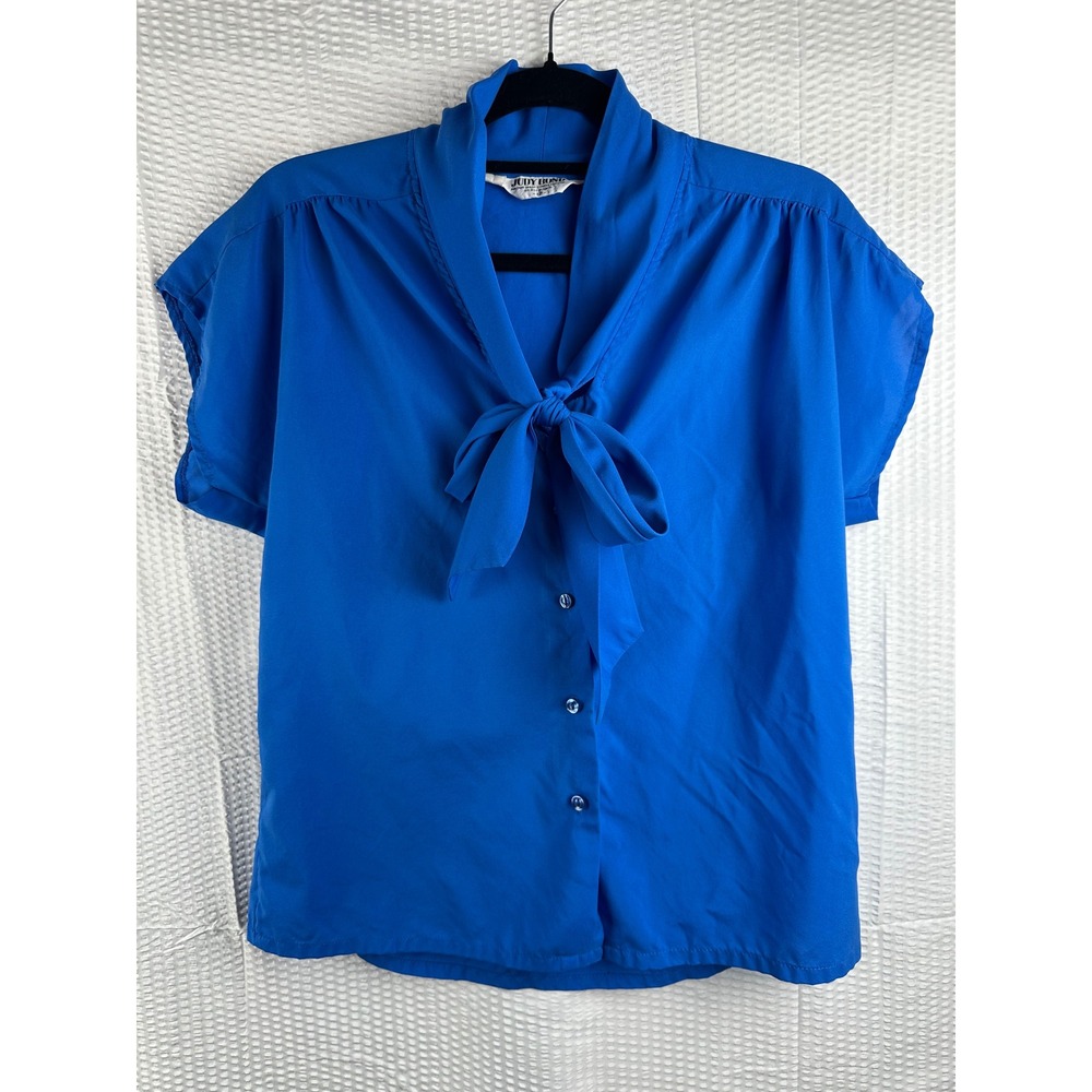 Judy Bond Blue‎ Bow Tie Secretary Blouse Women's 12 VTG 1980's